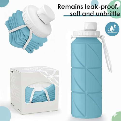 Image of 600ml Folding Silicone Water Bottle Sports Water Bottle Outdoor Travel Portable Water Bottle with Leak-Proof Lid Space-Saving Portable Bottle for Travel, Gym, Hiking, Camping (BLUE)