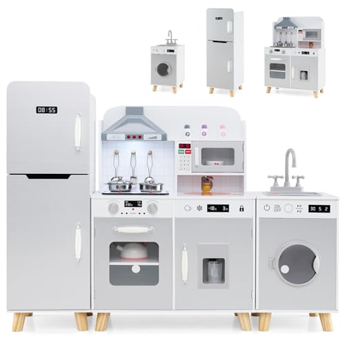 GLACER Play Kitchen, 3-Piece Wooden Toy Kitchen w/Realistic Sounds and Lights, Refrigerator, Washing Machine, Range Hood, Stove, Ice Maker, Kids Kitchen Playset for Toddler Age 3+, Gift for Boys Girls