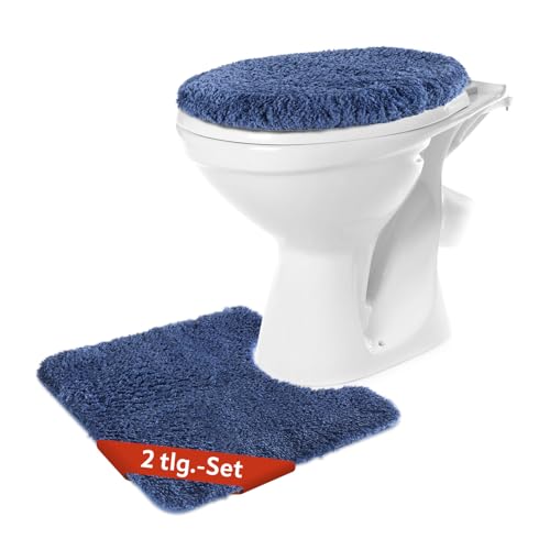 BENKSTEIN WC-Vorleger-Set 2-teilig in blau | weich & rutschhemmend – Badgarnitur mit WC-Vorleger (50 x 55 cm) & Deckelbezug (49 × 51 cm) | flusenfrei & waschmaschinengeeignet | kuscheliger Badteppich