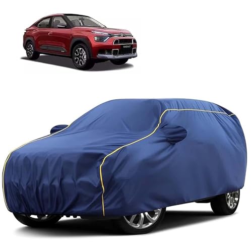 Image of Sulfar 100% Water Resistant Car Body Cover Compatible with Mirror for CITROEN Basalt (Triple Stitched, Full Bottom Elastic, Blue Tafetta with Yellow Piping)