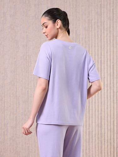 Image of TECHNOSPORT Women Relaxed Fit Cubic Melange Round Neck T-Shirt | Quick Dry Polyester Casual Tee with UPF 50+ UV Protection, Anti-Microbial & Double Cool Technology