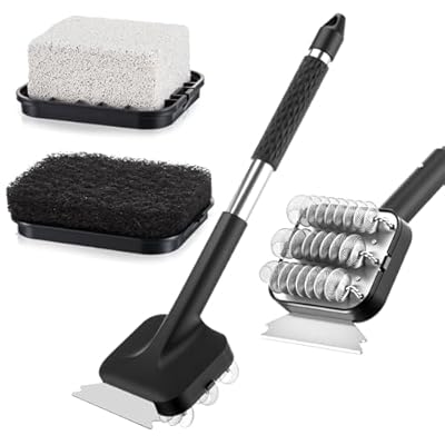 LemonRoad 4 Pcs Grill Cleaning Brush Kit BBQ Grill Cleaner Handle with Scraper Stainless Steel Cleaning Head Griddle Brick Stone Scouring Pad Griddle Barbecue Accessories Set Gifts for Men