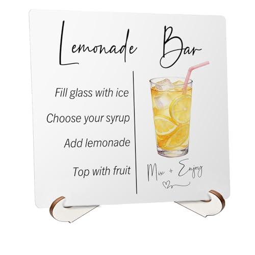 SkipTiger Wedding Lemonade Bar Wooden Desk Decor Sign 5x5 Inch, Lemon Drink Wedding Bar Signs Plaque With Wooden Stand for Reception Ceremony Baby Bridal Shower Desk Table Shelf Decoration