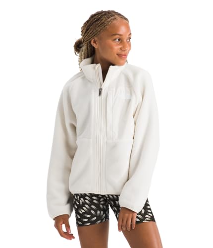 The North Face Girls Yumiori Full Zip Jacket - Lightweight Fleece Coat Open Hand Pockets Two Embroidered Logos White Dune X-Large