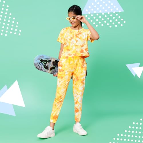Image of TeenTrums Tie Dye Black Co-ord Set with Boat Neck Tshirt & Joggers, 100% Cotton, Fashion for Youth, Stylish Teen Fashion Collection, Tie Dye Set of Top & Bottom for Girls, Age 05 to 16 Years