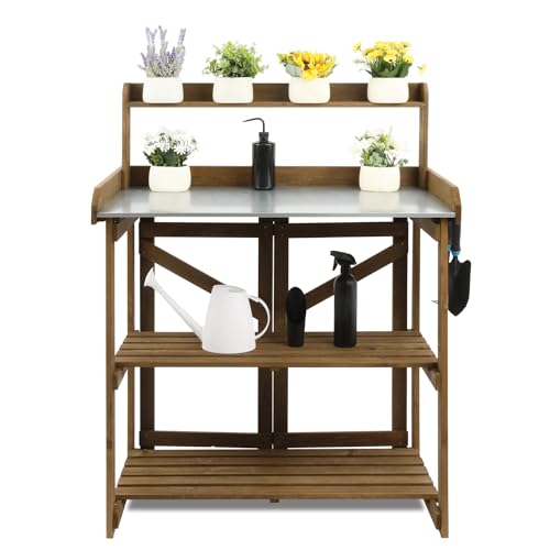 PetsCosset Folding Garden Potting Bench Table,Outdoor Wooden Work Station W/Metal Table Top,2 Tier Open Storage Rack,Top Shelf-Natural Stained