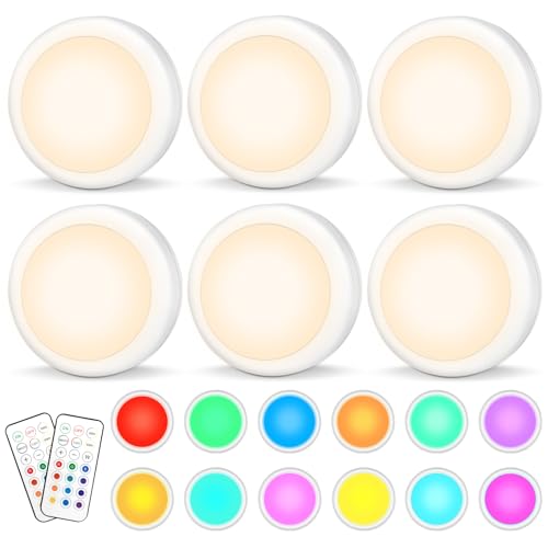 AUAUY - Paquete 6 Luces LED para Gabinete, Luz Armario Pilas, RGB Luzes con Control Remoto, Brillo Ajustable Alimentado por 3 Pilas AA (No Incluido)-Blanco