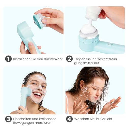 Elektrische Gesichtsbürste mit 2 Drehrichtungen, 3 IN 1 Gesichtsreinigungsbürste Wiederaufladbar mit 3 Aufsätzen & 3 Geschwindigkeiten für alle Hauttypen für Exfoliation Poren
