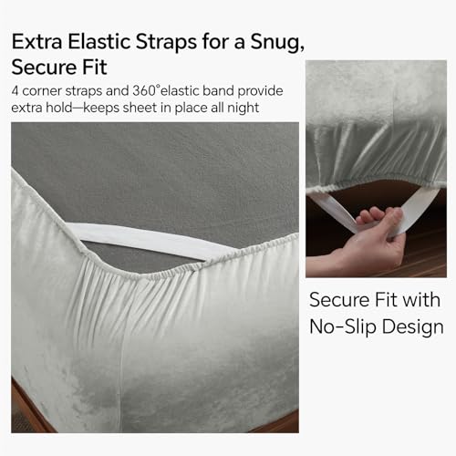 BEDELITE Velvet Fitted Sheet and Pillowcase Set, Luxury Soft Fuzzy Bottom Sheet with Reinforced Elastic Corner Straps, Deep Pocket up to 15 Inch, 1 Fitted Sheet and 1 Pillowcase (Twin XL, Light Grey)