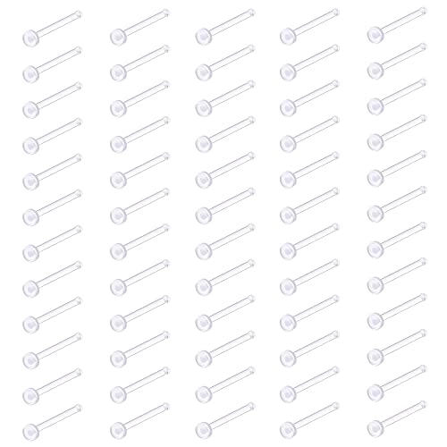 Kakonia 120Pcs 20G Clear Nose Rings for Work Bioflex Nose Retainer Acrylic Nose Studs 2mm Flat Top Nose Piercing with Box Bond/L Shape Nose Studs