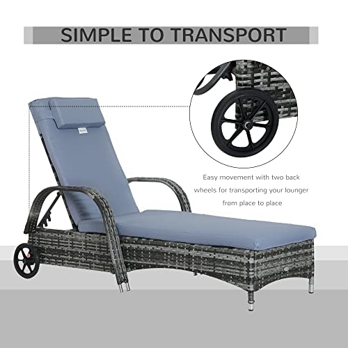 Outsunny Rattan Sun Lounger, Garden Lounger Recliner with Wheels and Adjustable Backrest, Outdoor Reclining Sunbed Garden Chair with Cushion and Headrest for Patio, Beach, Terrace, Grey - Image 3