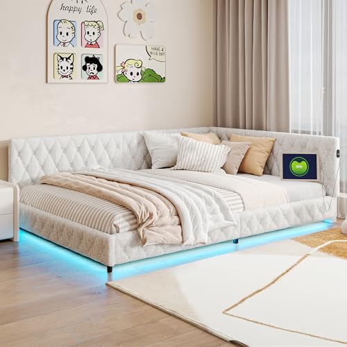 Cama Doble 140x200, Cama Tapizada en L con Lámpara LED y USB, Sofá Cama Moderno con Somier de Lamillas, sin Colchón (Beige, 140 * 200)