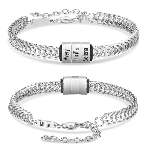 ALBERTBAND Bracelet Homme Personnalisé avec Prénom Bracelet en Acier Inoxydable pour Papa Mari Peti Réglable Gravé avec Noms Cadeau pour Fête des Pères Anniversaire (argenté-3 nom)