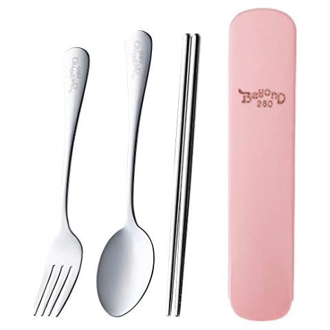 Beyond 280 Portable 3 Pieces Flatware Set for School Work Travel Outdoor, Stainless Steel Fork Spoon Chopsticks (Pink Case) Cover