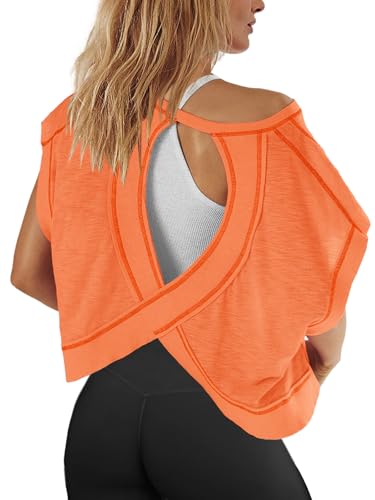 Panadila Womens Open Back Workout Tops Oversized Tshirts, Burnt Orange, XS