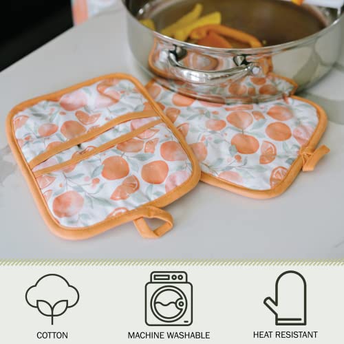 Sage+Stitch Heat Resistant Designer Pot Holders With Hand Pockets And Hanging Loops | Set Of 2 100% Cotton Dual Function Kitchen Pot Holders And Trivets | 7'' X 9'' | Oranges #TOP2