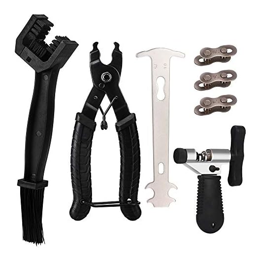 CGBOOM Dérive Chaîne Vélo + Pince Lien De Vélo + Vérificateur de la Chaîne + d’Attaches Rapides pour Chaîne de Vélo + Brosse, Outil Vérificateur de Chaîne de Vélo