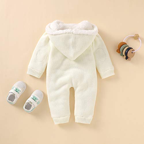 Newborn Baby Hooded Knitted Romper Fleece Sweater Warmer Snowsuit Jumpsuit Coveralls Onepiece Infant Winter Outerwear For Boys Girls White - 3