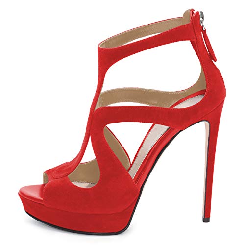 Ydn Women Sexy Stiletto High Heel Sandals Peep Toe Platform Pumps Cutout Dress Party Club Shoes With Back Zippers Size 6 Red #TOP1