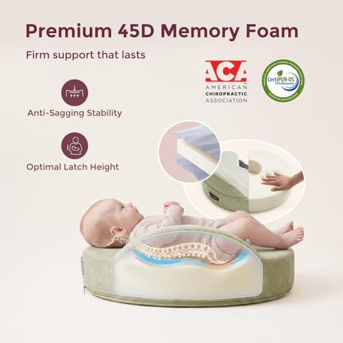 Image of Momcozy Innovative Safety Guard Nursing Pillow - Firm & Springy Memory Foam - Stable, Ergonomic Support & Comfort - Wider Breastfeeding Cushion, Adjustable, Removable Cover, Green