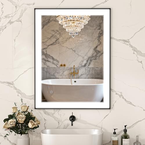 HOMCOM Espejo de Baño con Luz LED 80x60 cm Espejo de Pared con 3 Colores de Luz Función Antivaho Función de Memoria Interruptor Táctil Horizontal/Vertical IP44