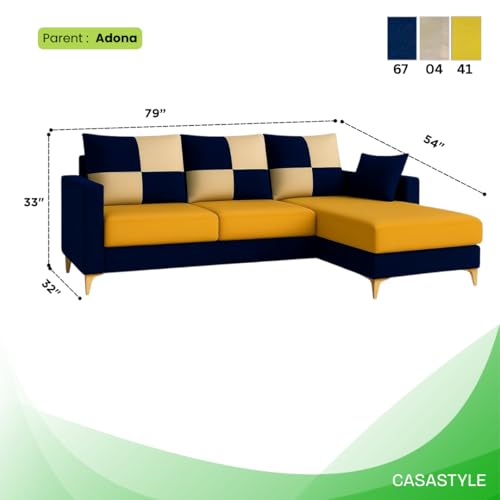 Image of CASASTYLE Brogan 4 Seater Fabric RHS L Shape Sofa Set (Yellow-Dark Blue) in Premium Velvet Finish | Durable Comfort | Ideal for Living Room