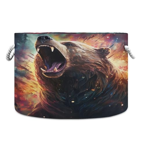 Round Grizzly Bear Roaring Storage Basket Large Organizer Bin Laundry Hamper Toy Storage Basket with Handle for Nursery Clothes Toys 202b4332