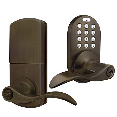 MiLocks TKL-02AQ Electronic Keyless Entry Door Lock with Lever Handle, Auto-Lock Triple Security System, Easy to Install Keypad Door Lock for Interior or Exterior Use, Antique Brass