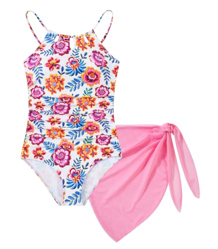 Image of Girls Swimsuit One-Piece Bathing Suit with Mesh Cover Ups Adjustable Straps Cut Out Swimwear Size 7-16