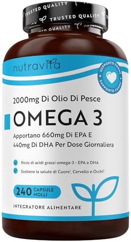 Nutravita Omega 3 2000mg con 660mg EPA e 440mg DHA, 240 Omega 3 Capsule per 4 Mesi di Fornitura, Integratori per Donne e Uomini, Integratore Omega 3 con Olio di Pesce Fish Oil Generico - integratore