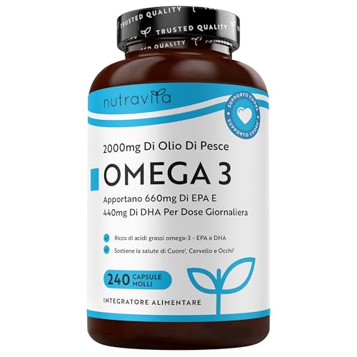 Omega 3 2000mg con 660mg EPA e 440mg DHA, 240 Omega 3 Capsule per 4 Mesi di Fornitura, Integratori per Donne e Uomini, Integratore Omega 3 con Olio di Pesce Fish Oil di Nutravita