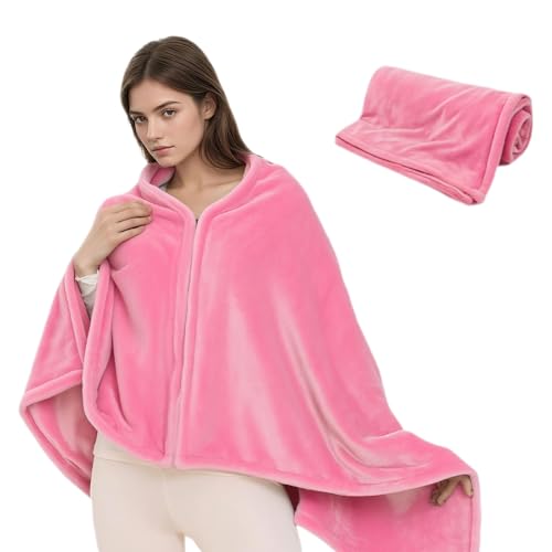 Pinbuton Wearable Blanket Poncho for Women & Men - 59"x31" Flannel Fleece Shawl Wrap, Soft Office Chair Blanket, Pink