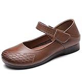 Women's Genuine Leather Mary Jane Flats Stylish Adjustable Hook&Loop Lightweight&Breathable Soft Sole Ballet Closed Round Toe Orthotic Nurse Walking Shoes (Brown,8.5,Women,8.5) -  DEVILEYEZE