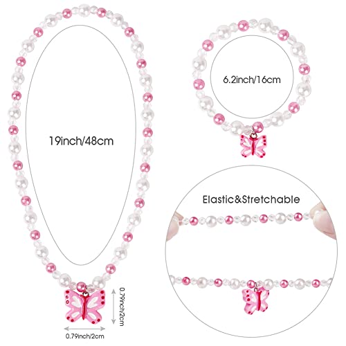 Butterfly Stretch Necklace Little Girl Toddler Necklace Bracelet Set, Little Princess Jewelry Kids Play Necklaces Butterfly Rings for Kids (B)