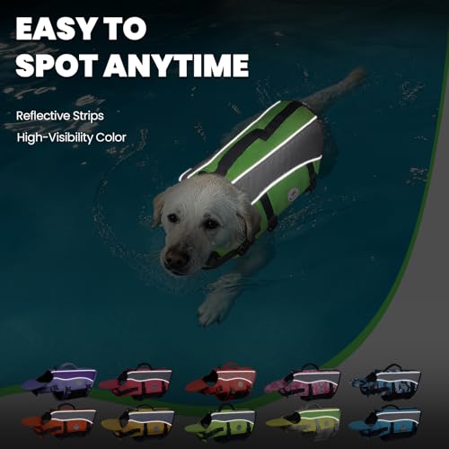 Image of VIVAGLORY Dog Life Vest Front Float Dog Swim Vest, M, Bright Green | Life Jacket with Chin Float & Handle for Swimming & Boating, High Visibility Adjustable for Doggy Cat Puppy