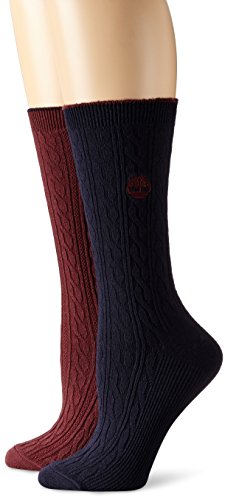 Timberland Women's Cable Knit Crew Socks 2-Pack, Assorted Navy/Burgundy, One Size