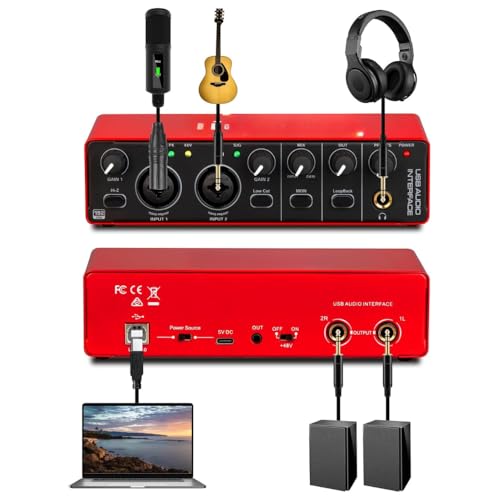 Image of Arvox USB Audio Interface 2x2 Gen 3 | 2-In 2-Out | Premium Mic Pre-Amps | 48V Phantom Power | 24-bit /192kHz Recording | XLR /Mic /Line Inputs | Plug & Play | Metal Body | Red
