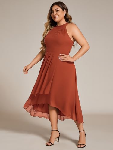 Image of Ever-Pretty Plus Women's Sleeveless Halter A Line Pleated High Low Plus Size Wedding Guest Cocktail Dresses 31926-DA