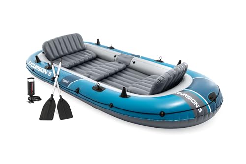 INTEX 66325EP Excursion 5 Inflatable Boat Set: Includes Deluxe 54in Aluminum Oars and High-Output-Pump – Adjustable Seats with Backrest – Fishing Rod Holders – 5-Person – 1320lb Weight Capacity