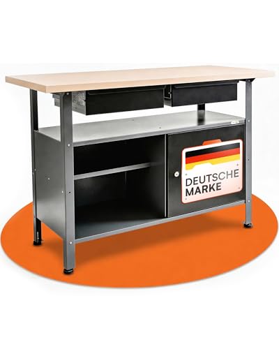 Ondis24 Werkbank Fritz - Höhenverstellbare Werkbank Mit Schubladen, Metall Anthrazit, 120x60x85(H) cm, 25mm Dicke Melamin-Arbeitsplatte, Abschließbare Tür, Belastbar Bis 250kg (Melamin, 120cm)