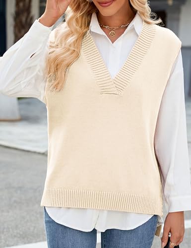 Image of Zontroldy Women's 2025 Lightweight V-Neck Knit Sweater Vest Sleeveless Ribbed Casual Tank Top Spring Business Casual Pullover