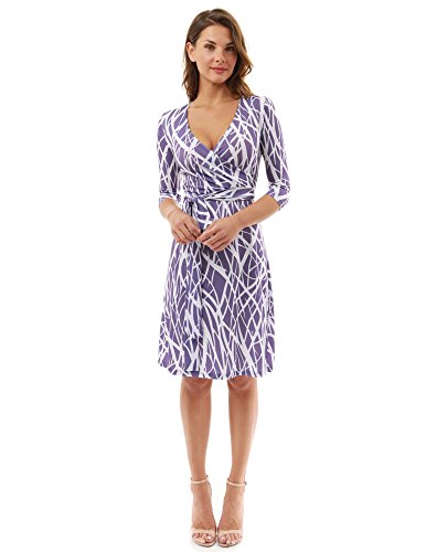 PattyBoutik Women Faux Wrap A Line Dress (Purple and White12 Large)