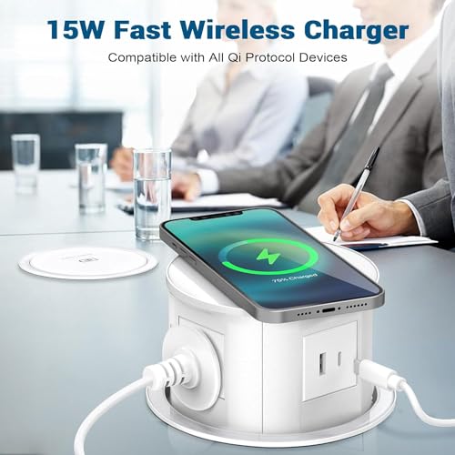 Image of Audiovan Vertical Pop Up socket Pneumatic Electrical Countertop, 3* Power+ USB type A+C charge+ 18 watt Fast Wireless phone charge Kitchen Counter Conference Desk (AVT-VMP24) White (WHITE)