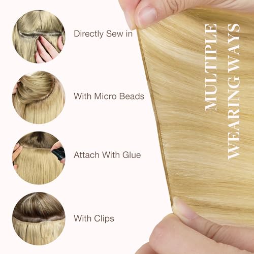 Image of GOO GOO Genius Weft Hair Extensions Human Hair, Sew In Weft Extensions, Seamless Blend & No Bulk Flat, Natural Volume for Women, 18AT60A Pearl Ash Blonde Highlights 16 Inch 50g