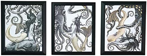 Mermaid and Octopus Wall Art – Collectible Set - Home Decor Nautical Bathroom Beach Ocean Posters Prints Decorations Pictures Artwork Mermaids for kids Girls Bedroom Girl Gold Foil Painting - 8x10 inches