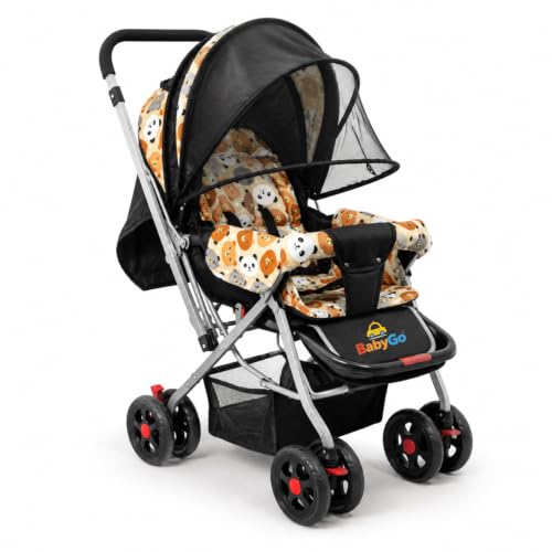 Image of BabyGo Foldable Baby Stroller for Newborn, Infant & Toddler 0-3 Years | Lightweight Travel Pushchair | Safety Harness | Adjustable Recline Backrest | 360 Swivel Wheels | Large Storage Basket | Orange