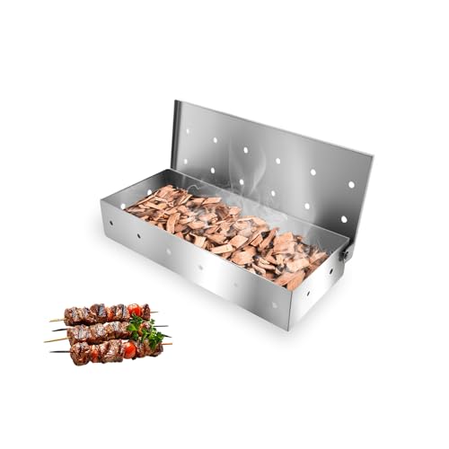 Smoker Box, Large Stainless Steel Wood Chip Smoker Box for Gas Grilling, Grill Smoke Box for Enhance Flavor, Hinged Lid