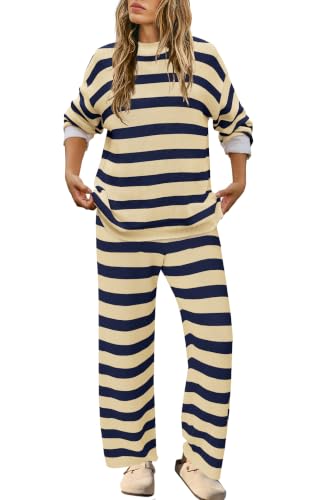 Image of SENSERISE Womens Striped Set Sweater Lounge Sets | Pajamas Set, Loungewear Set, Oversized Knit Sweater, Wide Leg Pants with Pockets, Fall Outfits, Pants Set