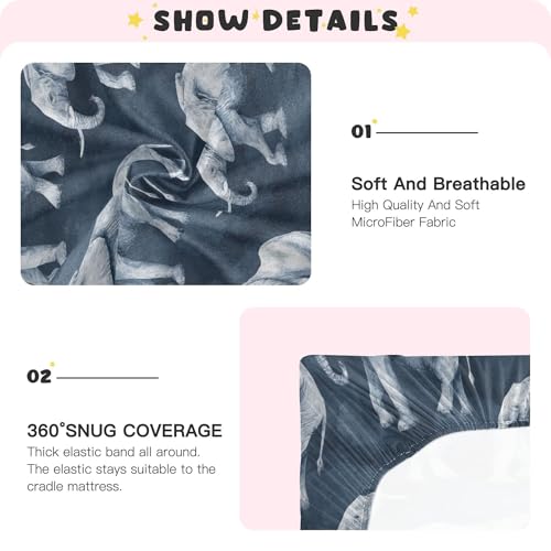 Image of Grey Vintage Elephant Crib Sheets Soft Breathable Fitted Baby Crib Sheets Mattress Cover for Girls Boys, 52 inch x 28 inch x 9 inch