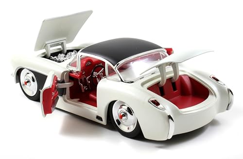 Jada Toys Bigtime Muscle 1:24 1957 Chevy Corvette Die-cast Car – Opening Doors, Hood, Trunk, Rubber Tires(White/Black) by Jada - Image 4